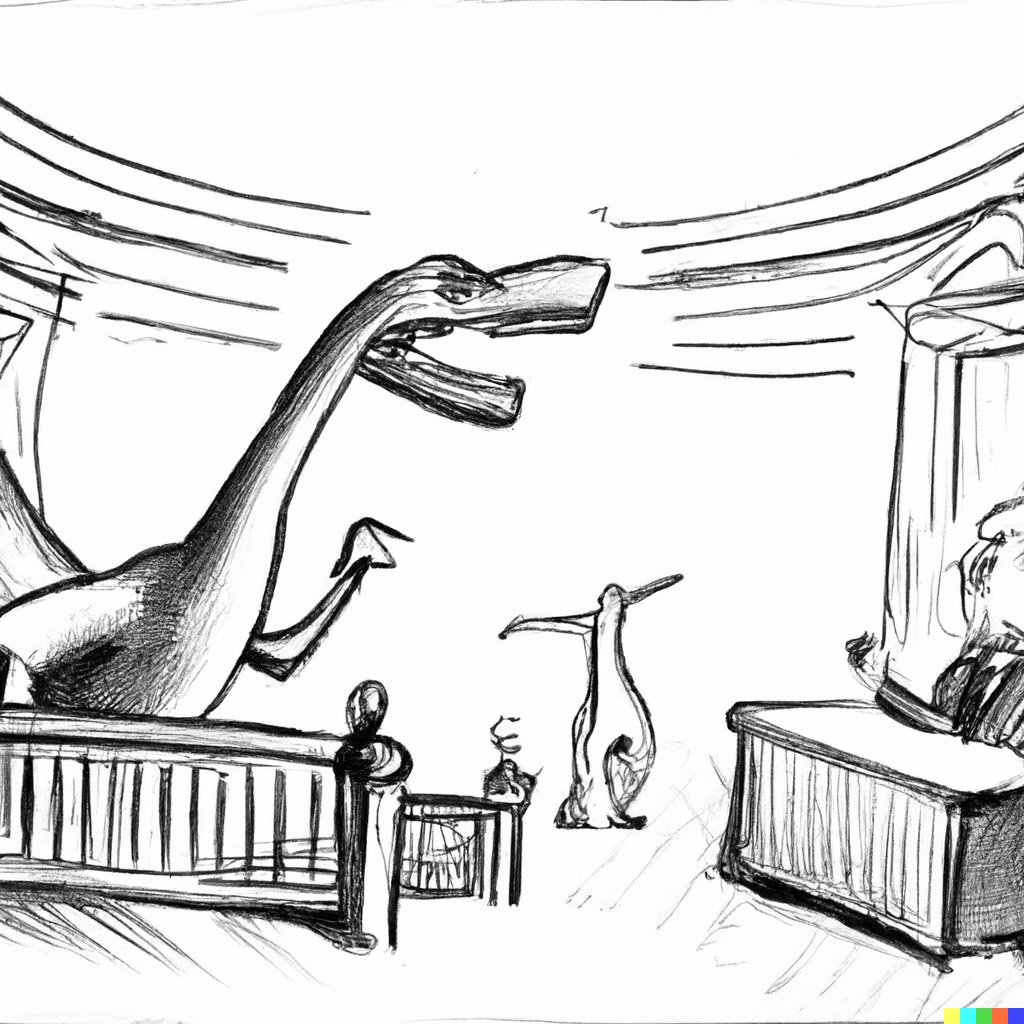 A courtroom drawing of an angry neighbour in court accusing an enourmous brontosaurus of rampaging.