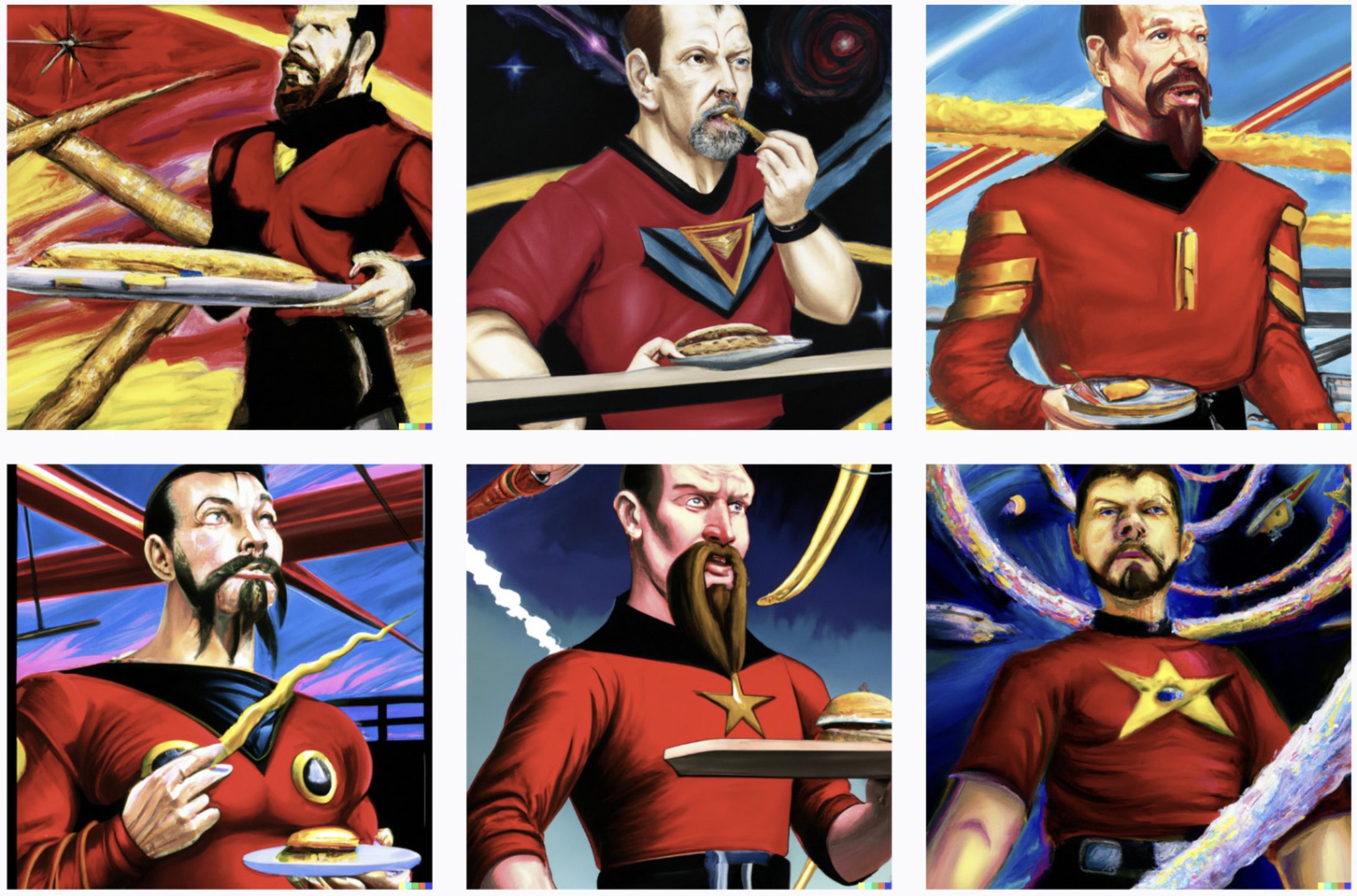 A painting in the style of Todd McFarlane with a dramatic angle of William T. Riker with the goatee, wearing his red Star Trek uniform, eating a hot dog in a hot dog eating contest while standing proudly on the bridge of the Starship Enterprise.