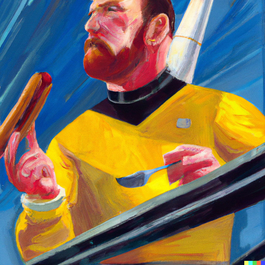 A gouache painting at a dramatic angle of William T. Riker in his Star Trek
uniform eating a hot dog in a hot dog eating contest on the bridge of the
Starship Enterprise