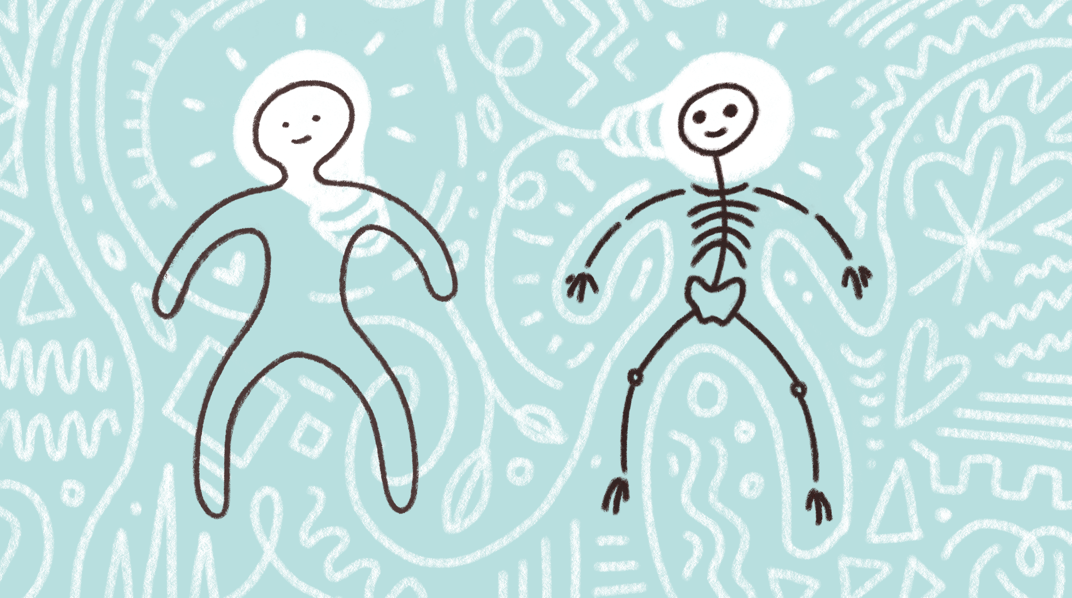 Illustration of a humanoid outline and skeleton side by side